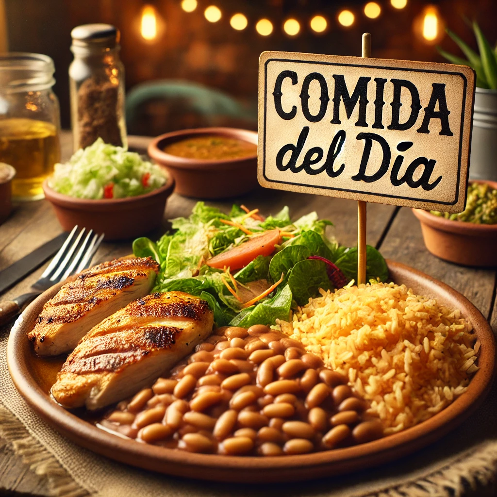 DALL·E 2025-02-23 10.45.57 - A delicious plate of food labeled 'Comida del Día'. The dish includes a well-balanced meal with grilled chicken, rice, fresh salad, and a side of bean